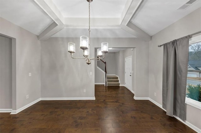 unfurnished dining area with lofted ceiling with beams, a chandelier, and dark hardwood / wood-style flooring