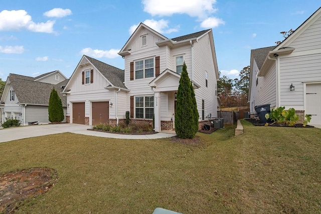 view of front of home featuring central AC and a front lawn