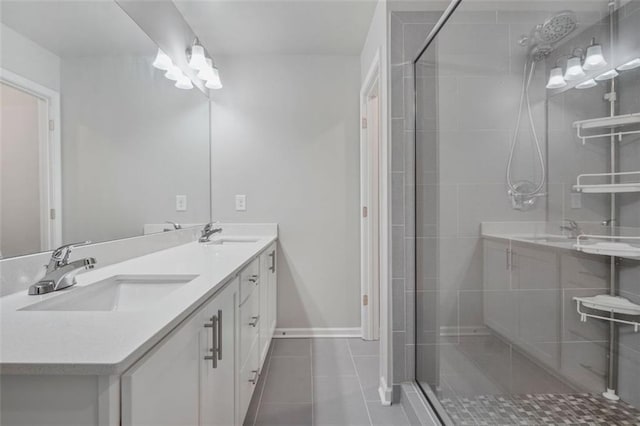 bathroom featuring tile patterned floors, a shower with shower door, and vanity