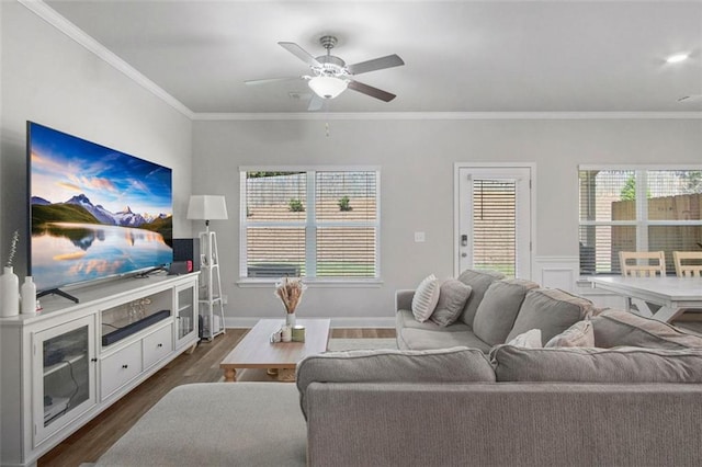 living room with crown molding, dark hardwood / wood-style floors, and ceiling fan