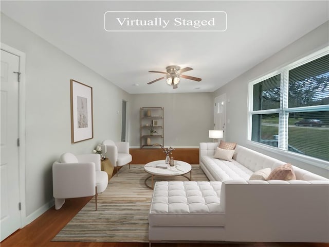 living room with ceiling fan and wood-type flooring