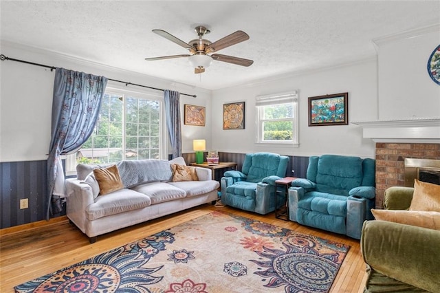 1690 Cedar Grove Dr, Marietta, GA 30066 - living area featuring wood-type flooring, ceiling fan, a textured ceiling, ornamental molding, and a wainscoted wall