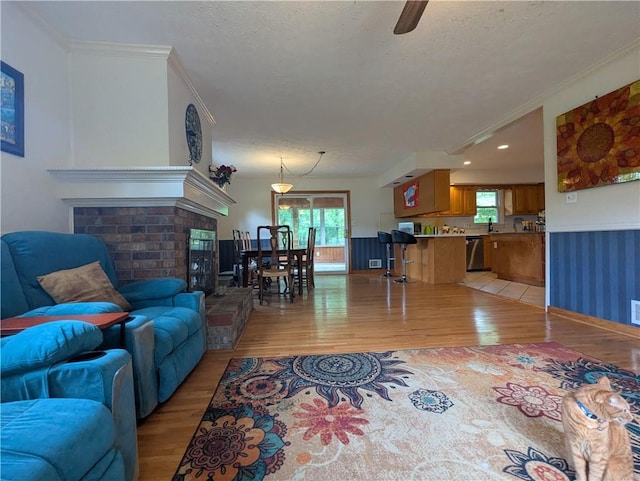 1690 Cedar Grove Dr, Marietta, GA 30066 - living area featuring light wood finished floors, healthy amount of natural light, a fireplace, ornamental molding, and a textured ceiling