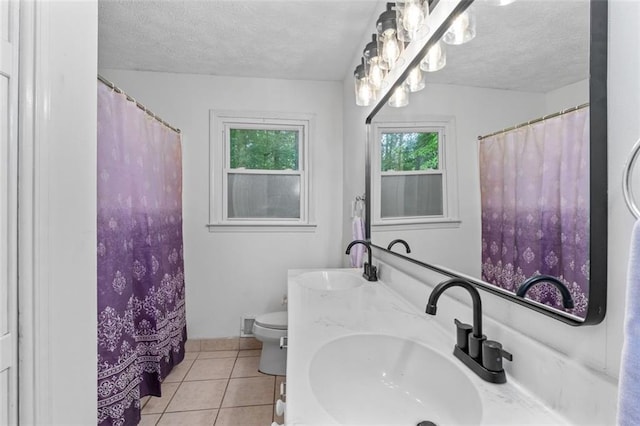 1690 Cedar Grove Dr, Marietta, GA 30066 - bathroom with a textured ceiling, toilet, tile patterned flooring, double vanity, and a shower with shower curtain