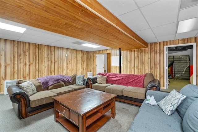1690 Cedar Grove Dr, Marietta, GA 30066 - carpeted living room featuring a drop ceiling and wooden walls