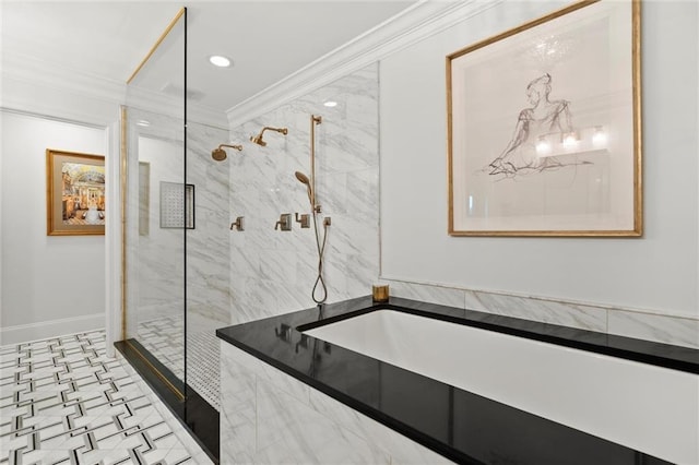 3330 Overland Dr, Roswell, GA 30075 - full bathroom featuring crown molding, a marble finish shower, recessed lighting, baseboards, and a bath