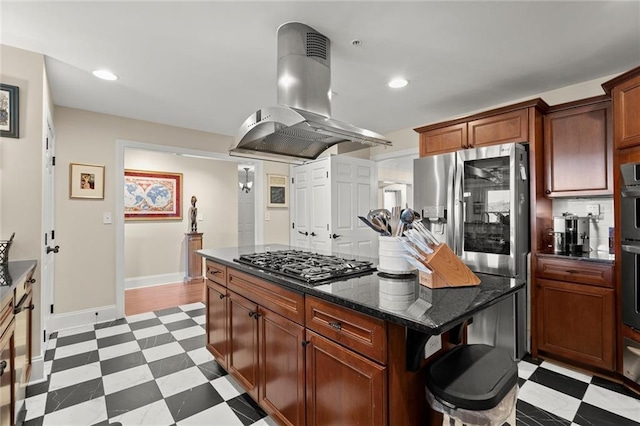 3330 Overland Dr, Roswell, GA 30075 - kitchen featuring island exhaust hood, stainless steel appliances, dark flooring, recessed lighting, and baseboards