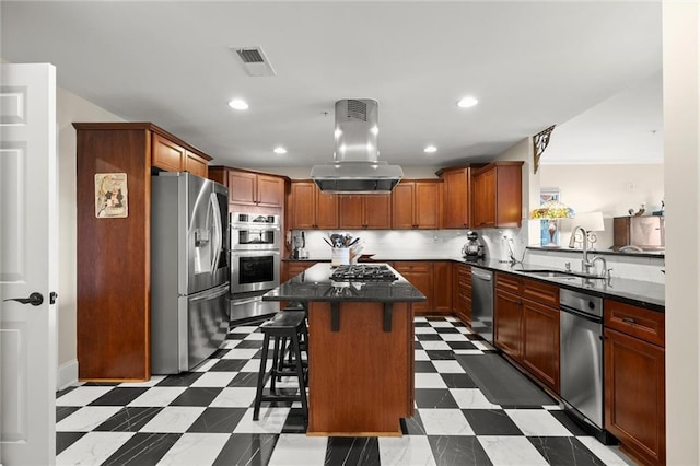 3330 Overland Dr, Roswell, GA 30075 - kitchen featuring stainless steel appliances, a sink, island exhaust hood, tile patterned floors, and recessed lighting