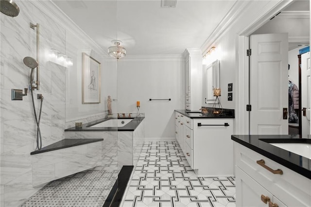 3330 Overland Dr, Roswell, GA 30075 - bathroom featuring two vanities, a bath, ornamental molding, a marble finish shower, and tile patterned floors
