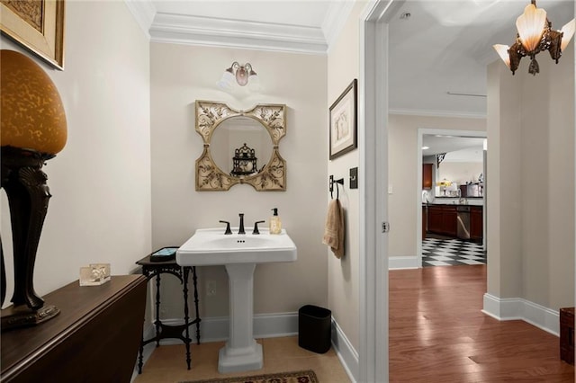 3330 Overland Dr, Roswell, GA 30075 - bathroom with ornamental molding, wood finished floors, and baseboards