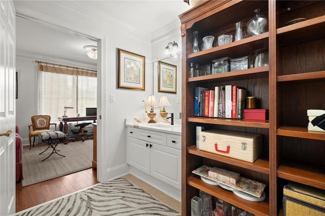 3330 Overland Dr, Roswell, GA 30075 - interior space with an office area, ornamental molding, baseboards, and light wood-type flooring