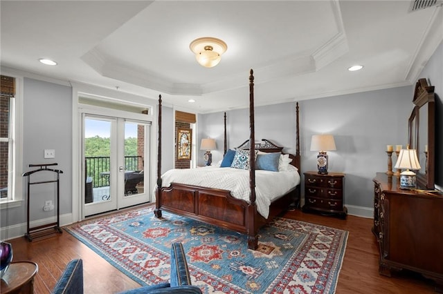 3330 Overland Dr, Roswell, GA 30075 - bedroom featuring a raised ceiling, access to exterior, wood finished floors, ornamental molding, and recessed lighting