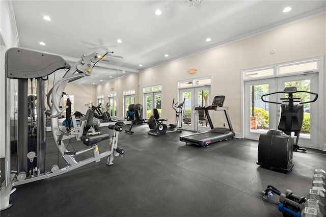 3330 Overland Dr, Roswell, GA 30075 - gym with french doors, crown molding, and recessed lighting