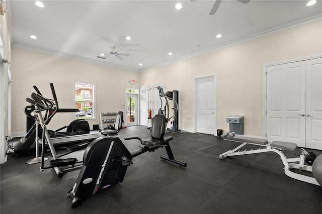 3330 Overland Dr, Roswell, GA 30075 - gym featuring ceiling fan, crown molding, recessed lighting, and baseboards