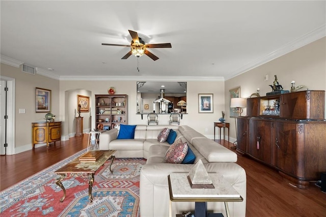 3330 Overland Dr, Roswell, GA 30075 - living area with a ceiling fan, wood finished floors, ornamental molding, and baseboards