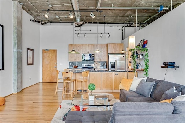 3235 Roswell Rd NE Unit 702, Atlanta, GA 30305 - living area featuring a towering ceiling, light wood-style floors, and rail lighting