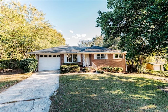 ranch-style house with a garage, concrete driveway, brick siding, and a front lawn