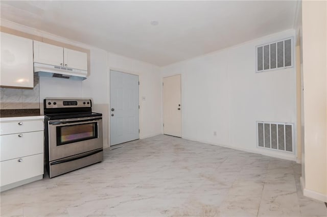 kitchen featuring visible vents, marble finish floor, stainless steel range with electric cooktop, and under cabinet range hood