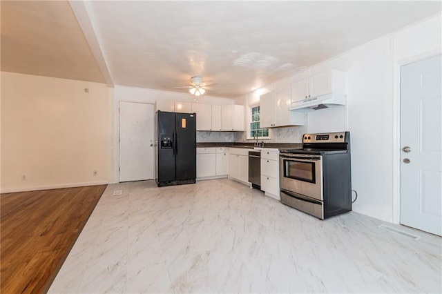 kitchen featuring black fridge with ice dispenser, dark countertops, stainless steel electric stove, under cabinet range hood, and white cabinetry