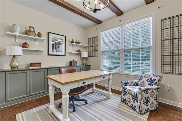 213 Roseman Way, Woodstock, GA 30188 - office space featuring dark wood-type flooring, beamed ceiling, and a chandelier