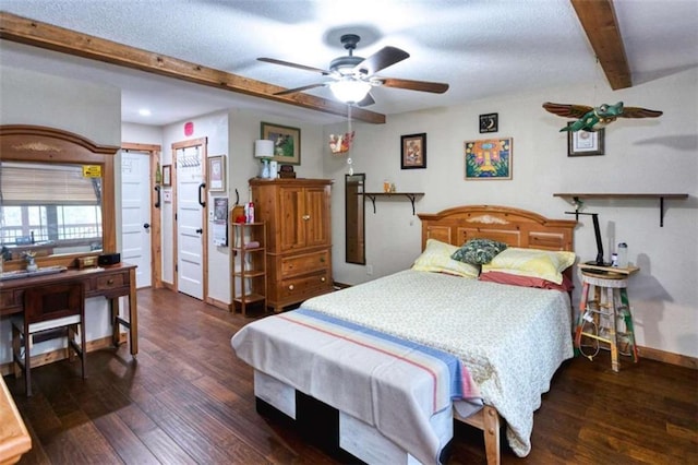 bedroom featuring beamed ceiling, ceiling fan, and dark hardwood / wood-style flooring