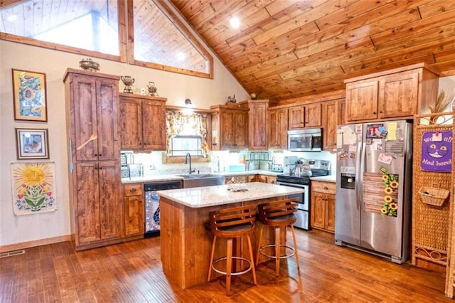 kitchen featuring sink, a breakfast bar area, a kitchen island, wood ceiling, and stainless steel appliances