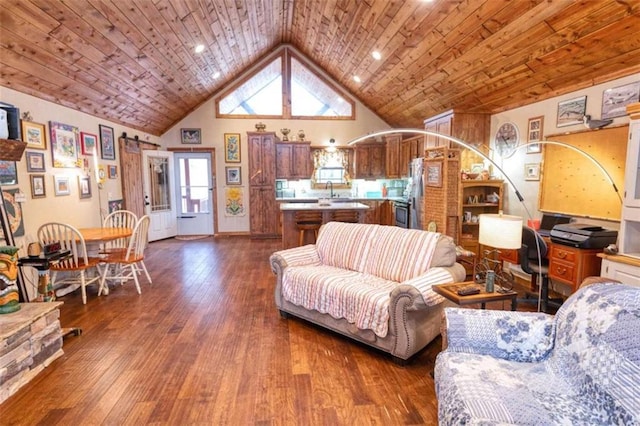 living room with dark hardwood / wood-style flooring, high vaulted ceiling, and wooden ceiling