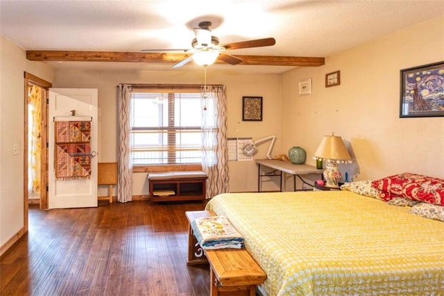 bedroom with beam ceiling, ceiling fan, and dark hardwood / wood-style flooring