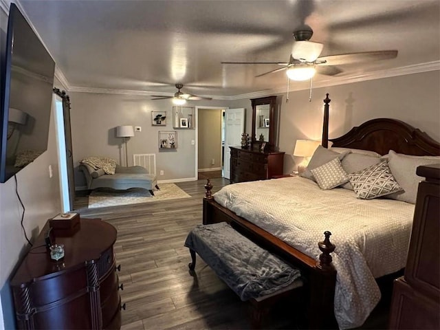 bedroom with dark wood-style floors, visible vents, a ceiling fan, crown molding, and baseboards