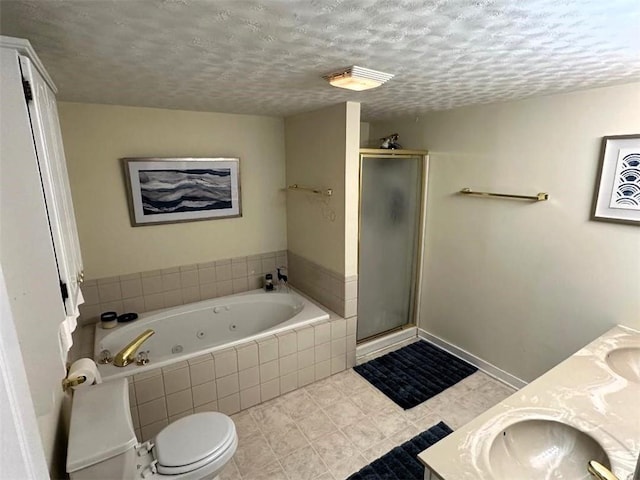 full bath with tile patterned floors, a sink, double vanity, a shower stall, and a tub with jets