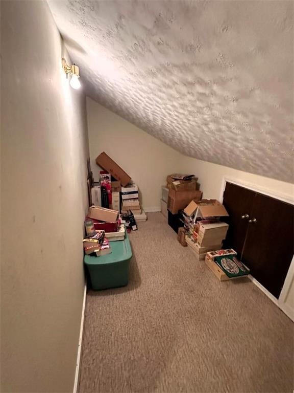 bonus room with a textured ceiling, lofted ceiling, and carpet flooring