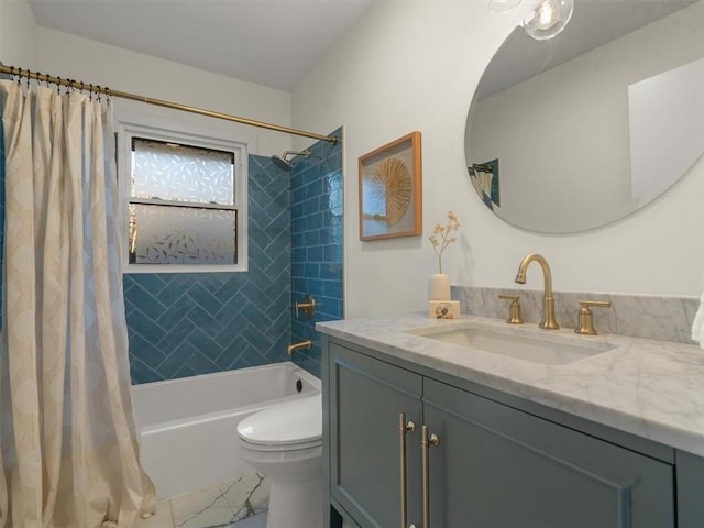 full bathroom with shower / tub combo with curtain, vanity, and toilet