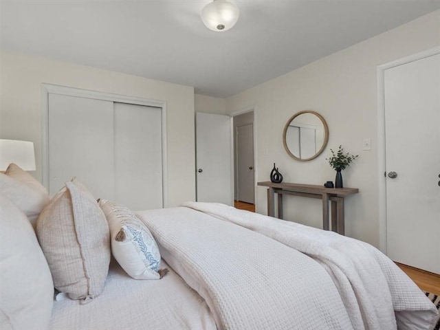 bedroom with hardwood / wood-style flooring and a closet