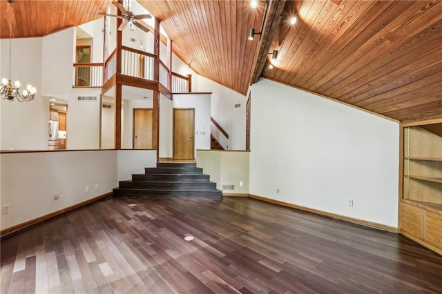 562 Pine Valley Rd SE, Marietta, GA 30067 - unfurnished living room featuring wooden ceiling, vaulted ceiling, stairs, a ceiling fan, and a chandelier
