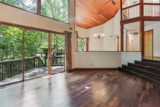 562 Pine Valley Rd SE, Marietta, GA 30067 - unfurnished living room featuring high vaulted ceiling, a chandelier, wood finished floors, wood ceiling, and stairs