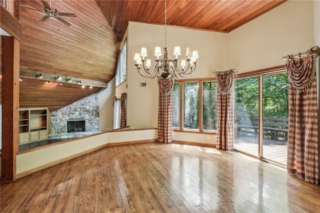562 Pine Valley Rd SE, Marietta, GA 30067 - unfurnished living room with wood ceiling, high vaulted ceiling, healthy amount of natural light, a chandelier, and hardwood / wood-style floors