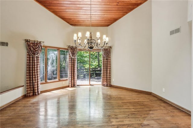 562 Pine Valley Rd SE, Marietta, GA 30067 - unfurnished room featuring wooden ceiling, a chandelier, wood finished floors, and a high ceiling