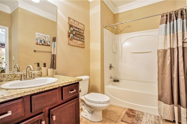 full bathroom with tile patterned flooring, vanity, shower / tub combo with curtain, and crown molding