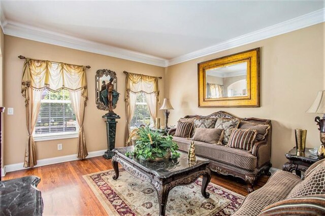 living room with hardwood / wood-style flooring and ornamental molding