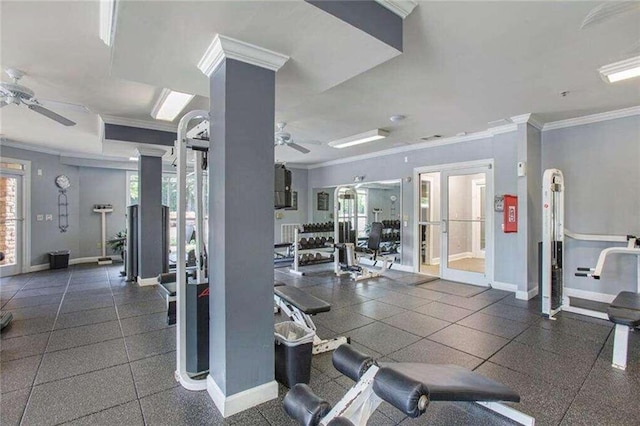 exercise room featuring ceiling fan, crown molding, and french doors