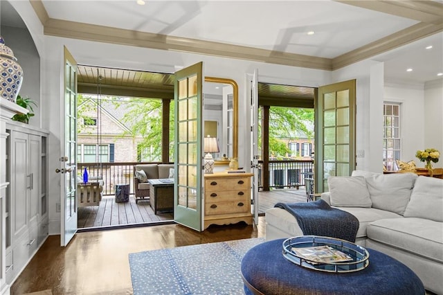 3075 Woodvale Ct, Alpharetta, GA 30022 - living area featuring wood finished floors, french doors, ornamental molding, and recessed lighting