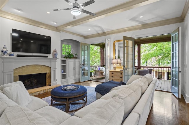 3075 Woodvale Ct, Alpharetta, GA 30022 - living room with wood finished floors, ceiling fan, beam ceiling, a fireplace, and recessed lighting