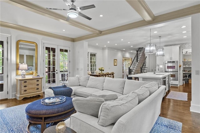 3075 Woodvale Ct, Alpharetta, GA 30022 - living area with stairs, recessed lighting, beamed ceiling, dark wood finished floors, and ceiling fan