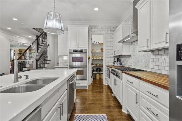 3075 Woodvale Ct, Alpharetta, GA 30022 - kitchen with crown molding, appliances with stainless steel finishes, wall chimney range hood, a sink, and white cabinets