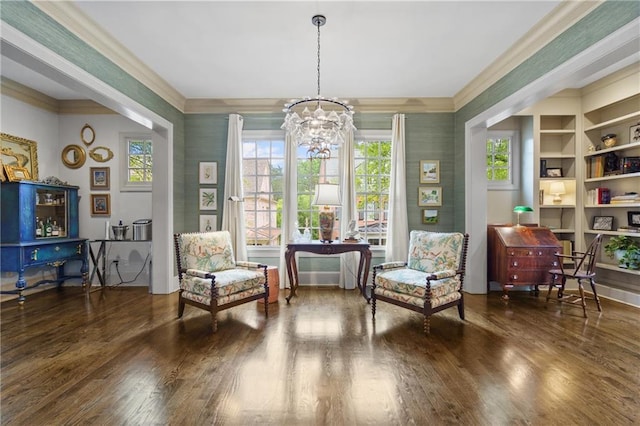 3075 Woodvale Ct, Alpharetta, GA 30022 - sitting room featuring a chandelier, crown molding, wood finished floors, and built in features