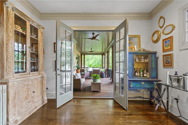 3075 Woodvale Ct, Alpharetta, GA 30022 - entryway with french doors, ceiling fan, wood finished floors, and crown molding