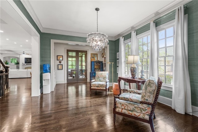 3075 Woodvale Ct, Alpharetta, GA 30022 - living area with crown molding, baseboards, a chandelier, french doors, and wood finished floors