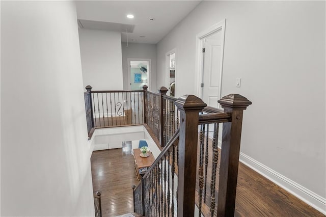 3075 Woodvale Ct, Alpharetta, GA 30022 - staircase featuring attic access, wood finished floors, baseboards, and recessed lighting