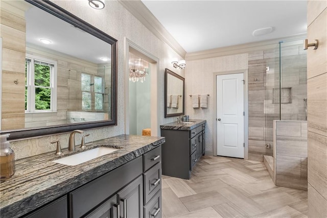 3075 Woodvale Ct, Alpharetta, GA 30022 - bathroom featuring two vanities, a stall shower, and ornamental molding