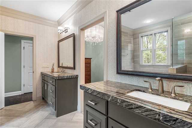 3075 Woodvale Ct, Alpharetta, GA 30022 - full bath with crown molding, two vanities, a chandelier, and tiled shower